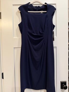 Tahari ASL Navy Blue Sleeveless Ruched Sheath Midi Dress Size 10 New